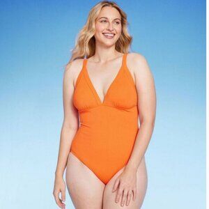 Women's Triangle One Piece Swimsuit Ribbed Swimwear - Shade & Shore Orange S 4-6
